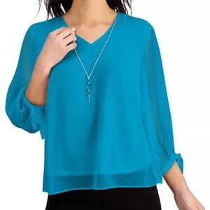 JM Collection Elegant Blue Blouse with Tie-Sleeves and Chic Design Large NWT